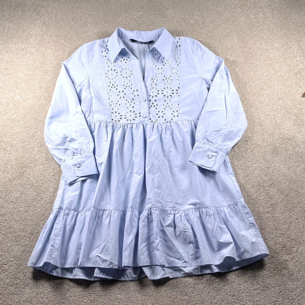 Zara Dress Womens Small Blue Eyelet Embroidered Tiered Babydoll Cottage Core